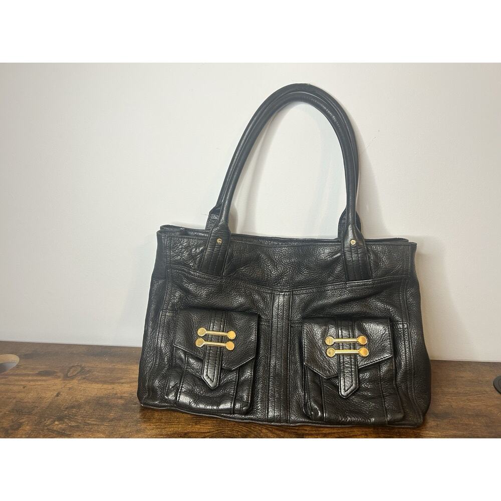 Polo Ralph Lauren Black Leather Tote Shoulder Bag Gold Hardware Classic